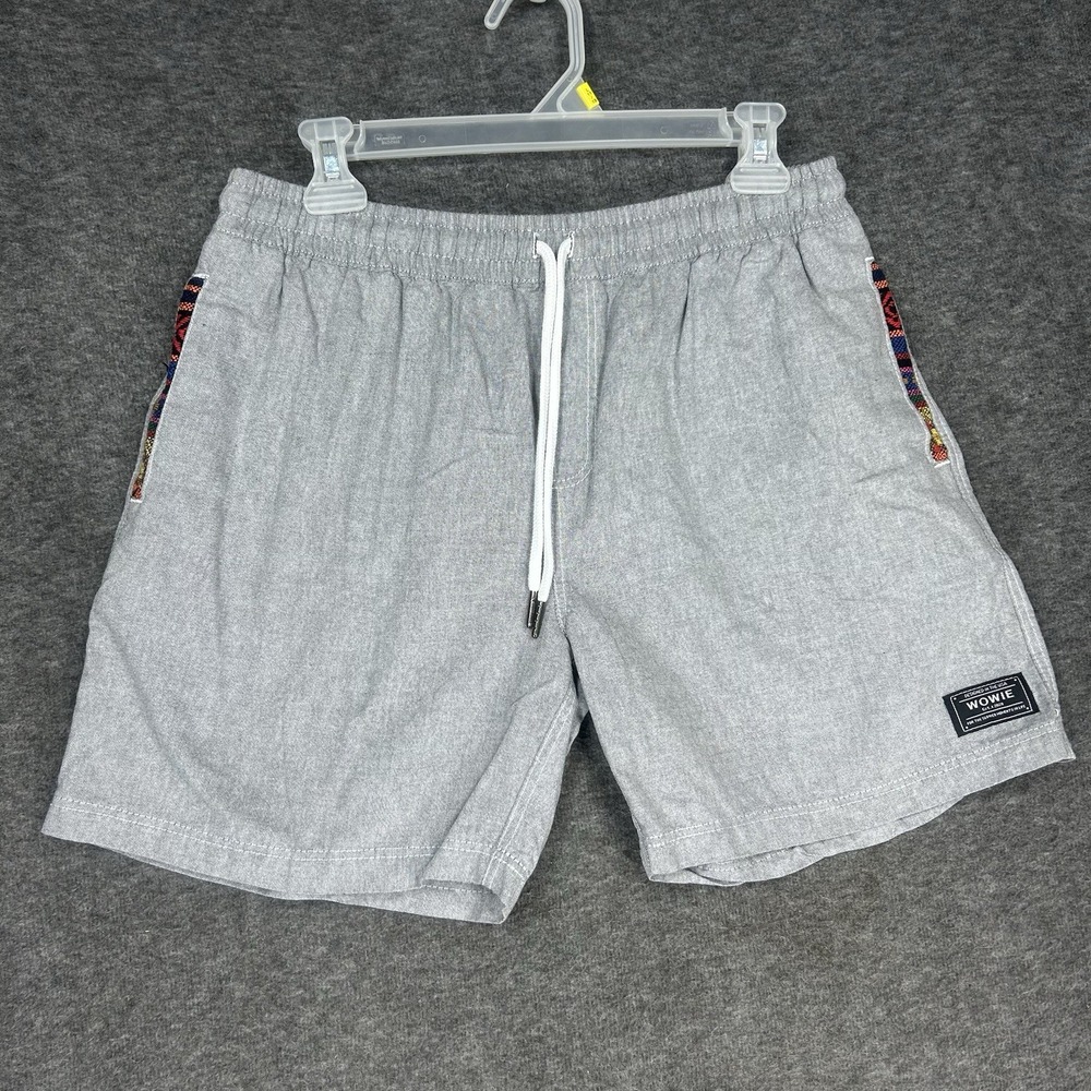 Wowie Shorts Mens XL Gray Aztec Trim Drawstring Cotton surf 5" Inseam